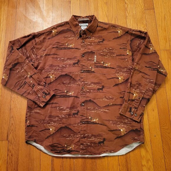 Columbia River Lodge L Cotton Deer Print Button Up Shirt Pocket Hunting Outdoors - Picture 1 of 7